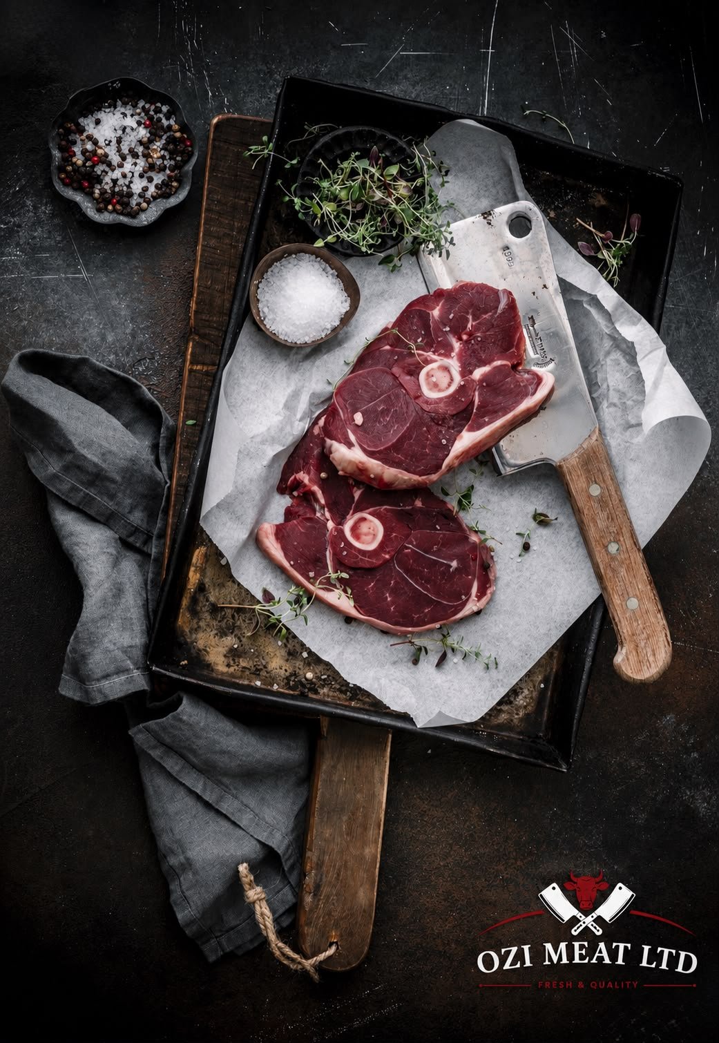 Lamb leg steaks on a butcher's tray