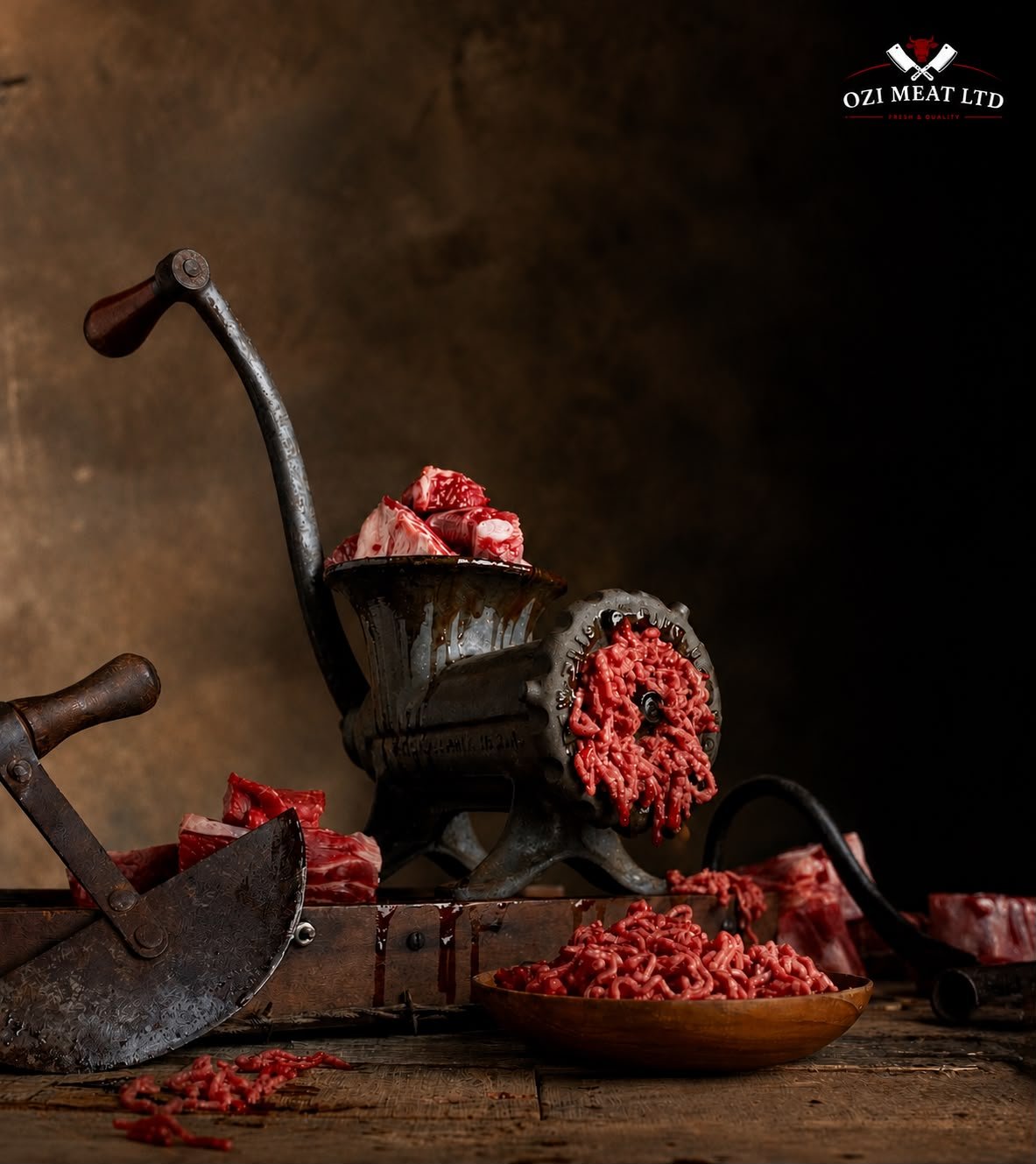 Beef being minced through a hand grinder