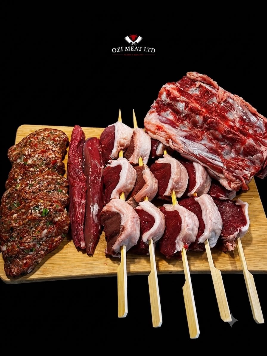 Skewers and kofte prepared on a board