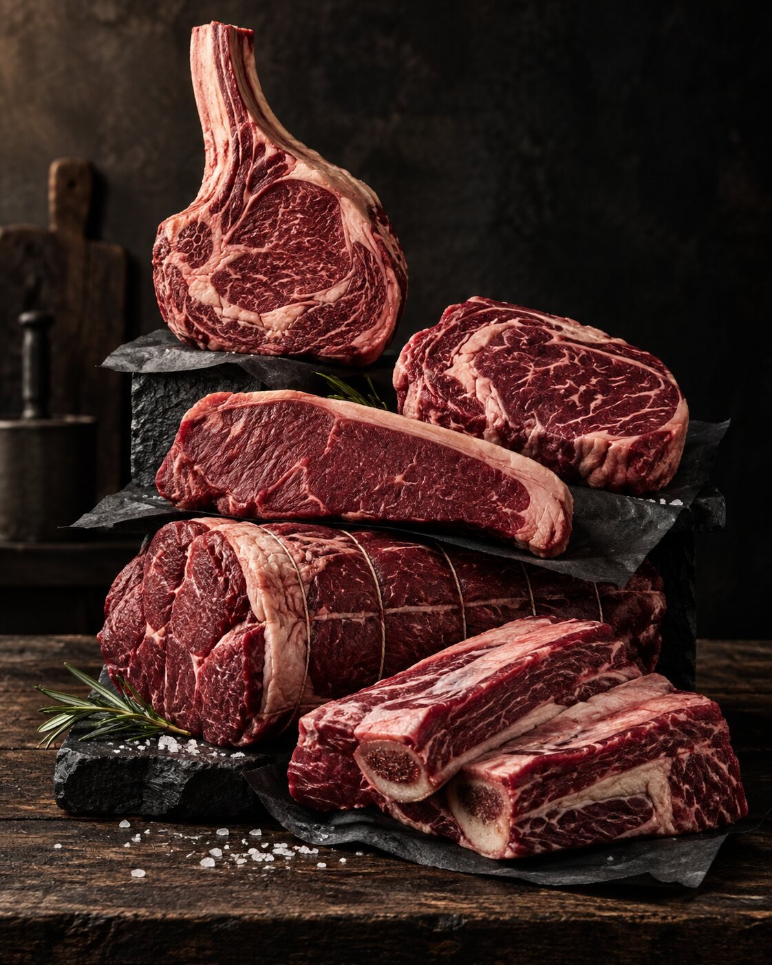 Beef primals stacked on a steel counter