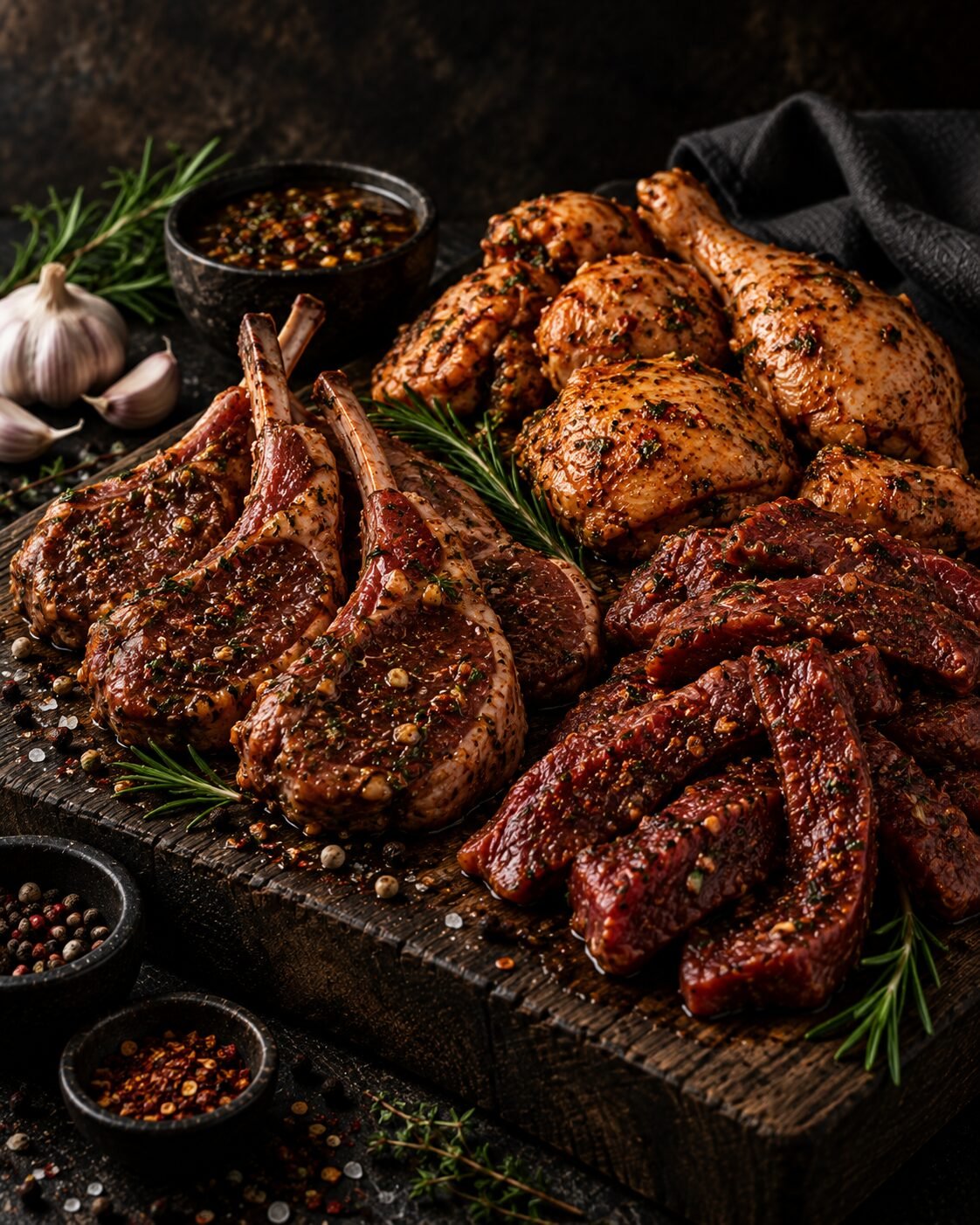Marinated lamb chops, seasoned chicken pieces and spiced beef strips