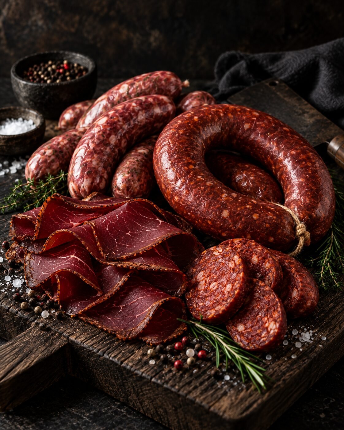Cured sliced beef, sucuk and fresh sausages on a wooden board
